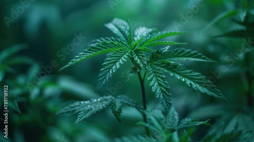 Northern Light Medicinal Indica with CBD  Moody Green Background of Young Cannabis Plants at the Beginning of Flowering in Indoor Grow