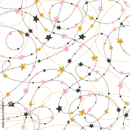Seamless stars pattern in pink, black and golden colors. Vector celebration party background