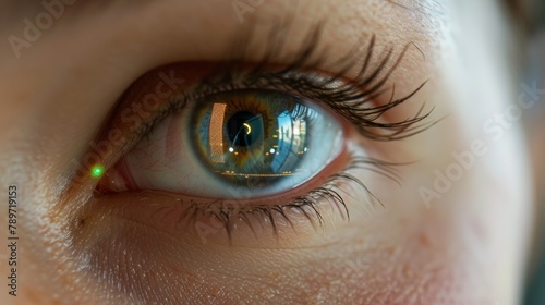 Closeup of a persons eye with a small ly perceptible implant attached to their iris. The implant allows for enhanced vision and can also display information from a connected device .