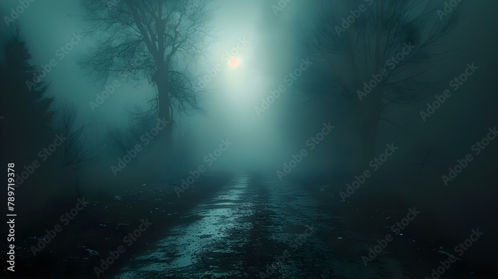 Mystic Fog: A Path to the Unknown. Concept Mystic Fog, Path to the Unknown, Mysterious Landscapes, Enigmatic Atmosphere, Ethereal Journey