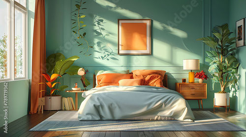 Vintage interior background with mid century modern bedroom , vector , illustration, realistic interior design