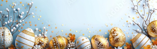 Frohe Ostern - Celebration of Holidays with German Text, White and Golden Easter Eggs, and Palm Branches on White Textured Background, Top View photo