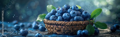 Summer Blueberries: Closeup of Ripe Fruits and Leaves in Wooden Basket on Dark Table - Food Photography