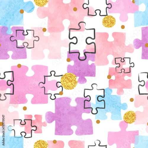 Seamless puzzle pattern. Vector colorful watercolor illustration with puzzle pieces