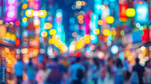 A sea of blurred faces in a crowded shopping district as colorful store fronts and bright lights provide a heightened sense of urgency and excitement to the busy shoppers experience. .