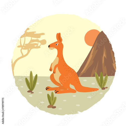Cute cartoon kangaroo and Australian landscape. Vector illustration