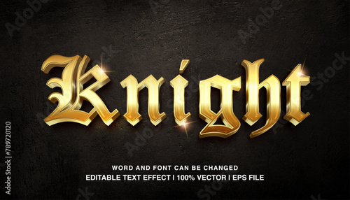 Knight editable text effect template, golden metal medieval style, premium vector