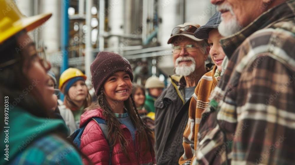 A group of diverse individuals including children and elderly people gathered around a biofuel processing plant. The image conveys a sense of community involvement and collaboration .
