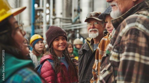 A group of diverse individuals including children and elderly people gathered around a biofuel processing plant. The image conveys a sense of community involvement and collaboration .