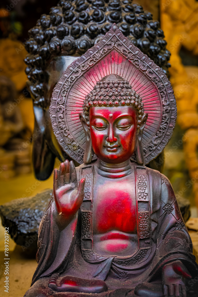The Great Gautama Buddha Calm Meditation Statue made from wood at Mamallapuram or Mahabalipuram in Tamil Nadu, South India.