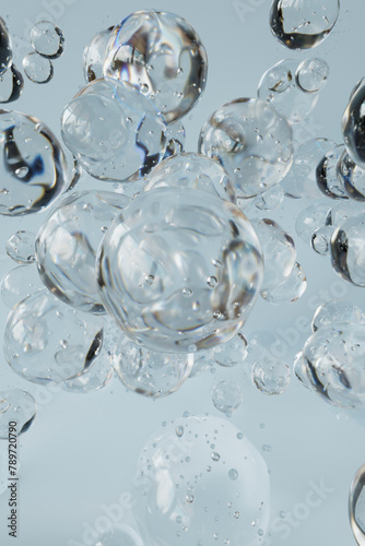 Close-Up of 3D Rendered Water Droplets in Air with Sky Blue Back photo