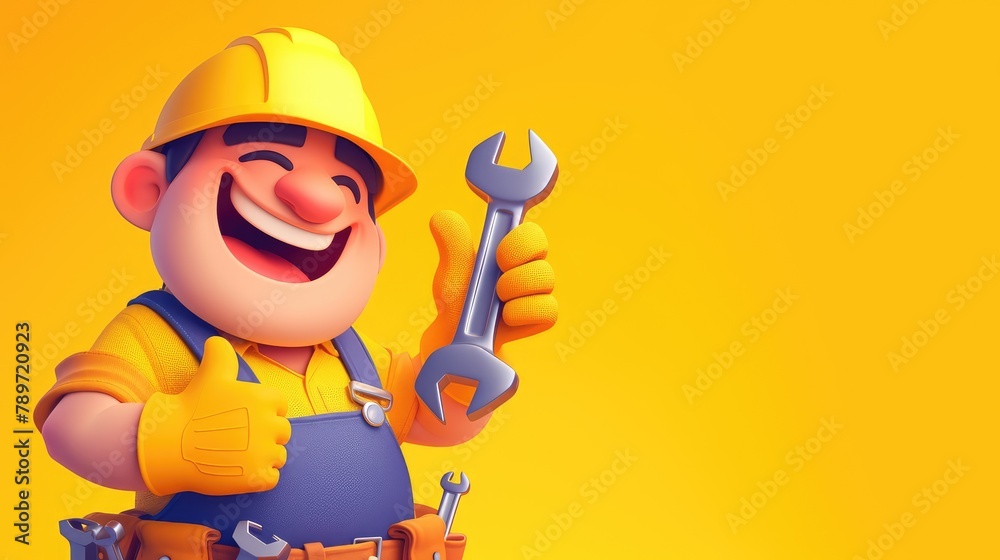 A lively cartoon character mascot representing a mobile phone repair service plumber or mechanic is cheerfully holding a spanner and giving a thumbs up gesture