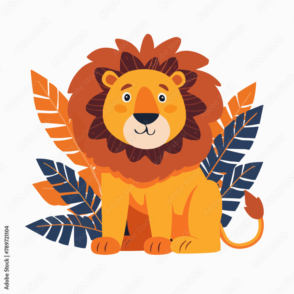 a cartoon lion sitting among leaves and plants a cartoon lion sitting among leaves and plants