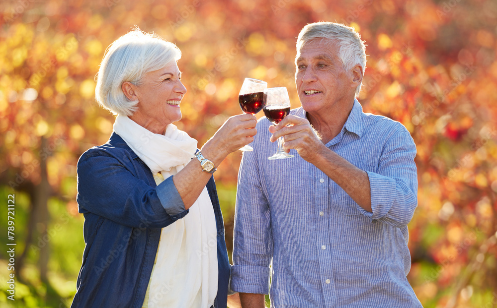 Obraz premium Happy, senior couple and glasses toasting for wine tasting, sharing drink or memories together on vineyard. Romantic, retired man and excited woman on farm visit for celebration, date or love
