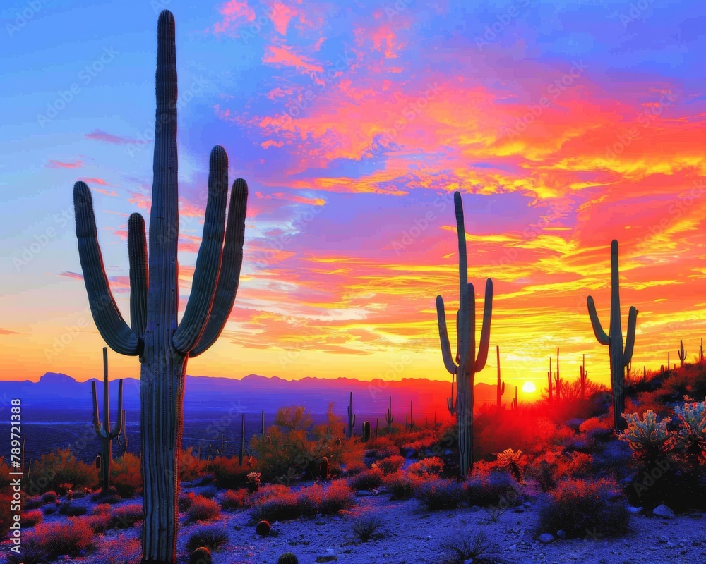 Iconic Arizona Desert with Saguaro Cacti Against Fiery Sunset Sky for Southwestern Themed Visuals and Travel Imagery