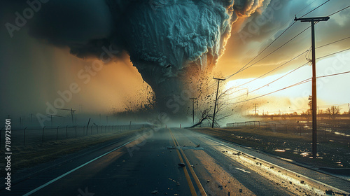 furious gigantic tornado in the middle of the road, natural disaster, angry mother earth, climate change photo