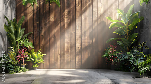 Empty old wood plank wall 3d render,There are concrete floor,Behide the backdrop is a tropical garden,sunlight shine into the room photo