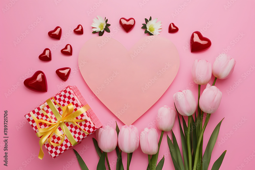 Celebrates Mothers Day in style Pink backdrop with hearts and gifts