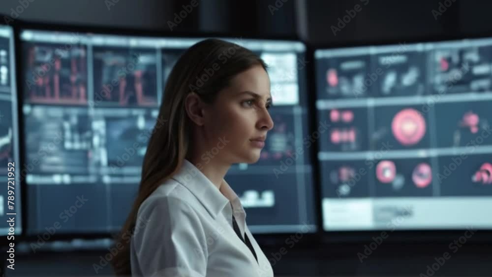 Female Engineer Monitoring Smart Factory Systems in a Control Room Female Engineer Monitoring Smart Factory Systems in a Control Room