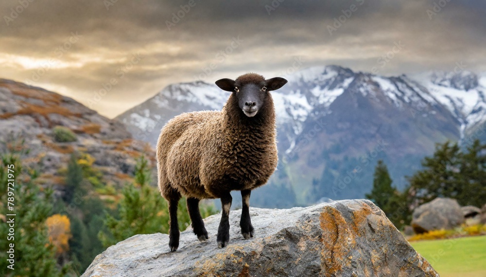 Fototapeta premium A young sheep standing on a boulder