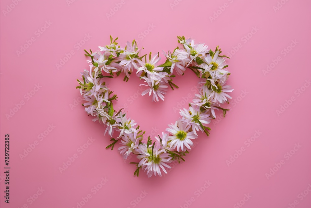 Heart shape made of flowers on soft pink background