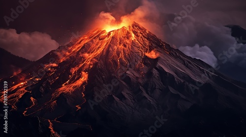 Volcano eruption at sunset,