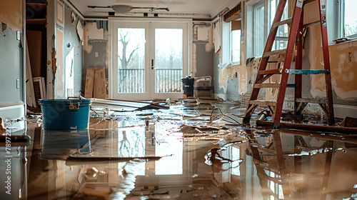 flood aftermath damaged house interior, natural disaster, extreme makeover, remodeling