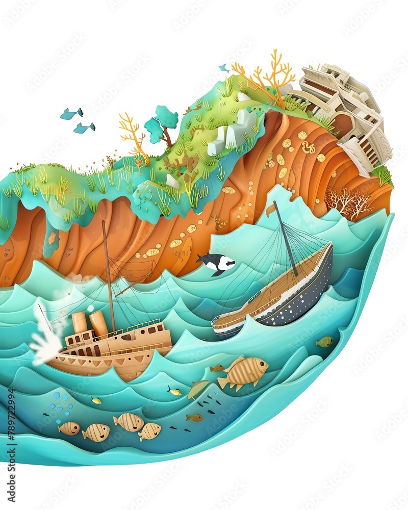 Naklejka premium A cutaway illustration of a seaside cliff, revealing a shipwreck and a lost city.