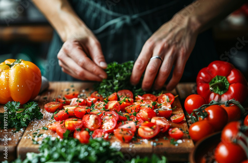 Person, hands and chef with vegetables or cooking health meal in home kitchen with tomato, nutrition or pepper. Fingers, wooden board and prepare healthy food at counter or hungry, ingredient or diet