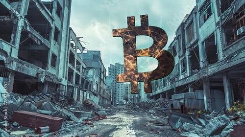 Decentralized future: Bitcoin symbol shines on reclaimed buildings in a post-apocalyptic world.. photo
