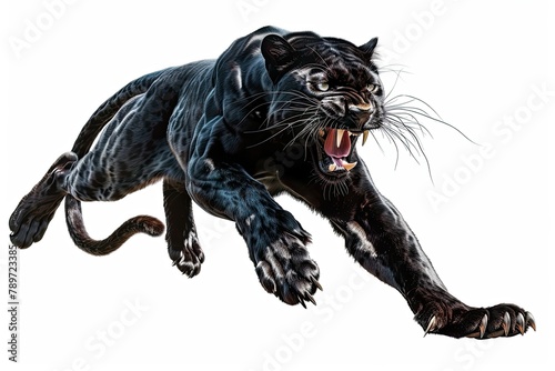 a black panther pounce with sharp claws and roared isolated on white background  photo