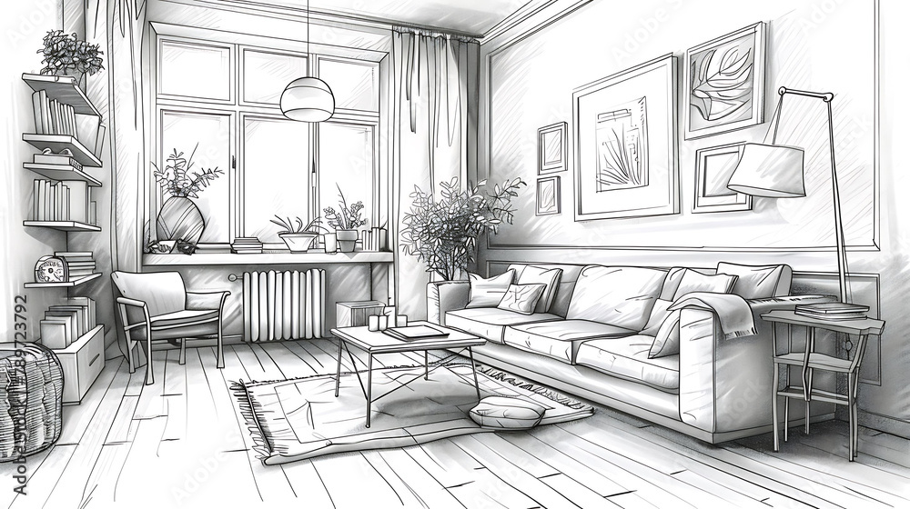 Interior design landing page, Vector sketch of living room, Hand drawn furniture, Illustration of furniture interior room, sketch living apartment
