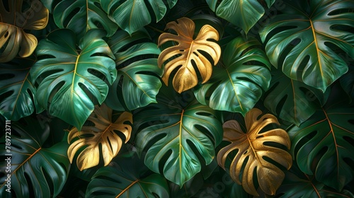 Art deco wallpaper with golden split-leaf Philodendron plant line art over green emerald background. Flower pattern with golden split-leaf Philodendron plant on green modern background.