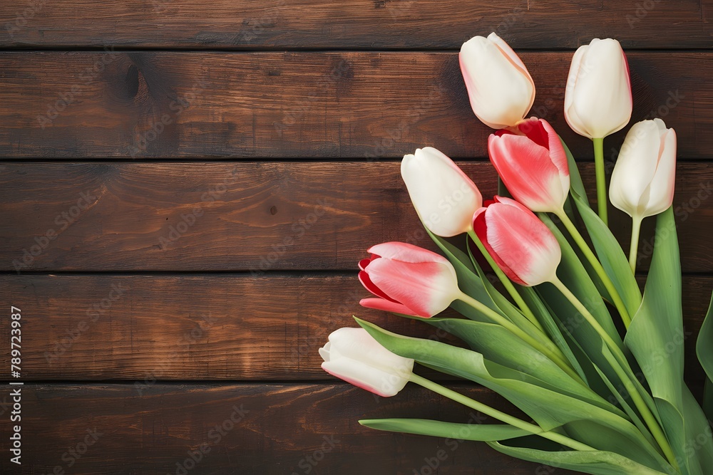 Spring tulips placed gracefully on a wooden background