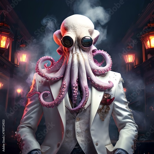 A portrait of a man with an octopus head dressed in a white suit and looking very stylish