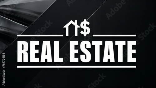 Above an icon that represents investments in real estate, the word Real estate is written on a black background.