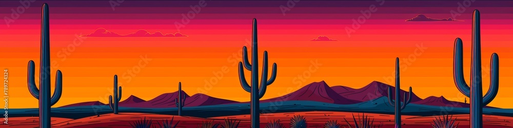 Panoramic Silhouette of Saguaro Cacti Against a Gradient Sunset Sky Panoramic Silhouette of Saguaro Cacti Against a Gradient Sunset Sky