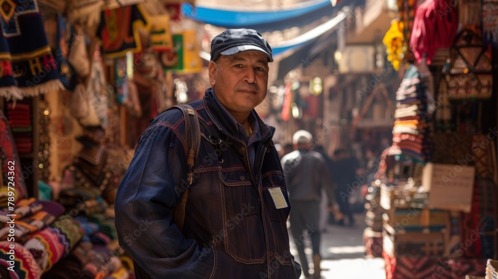 Obraz premium In the heart of a bustling market a pilot stands surrounded by vibrant colors and exotic smells. His confident stance and map in hand reflect his ability to navigate through any culture .