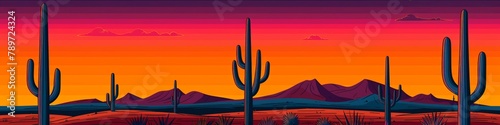 Panoramic Silhouette of Saguaro Cacti Against a Gradient Sunset Sky