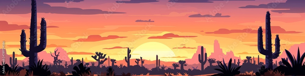 Desert Sunset Panorama with Saguaro Cacti Silhouettes and Warm Gradient Sky Desert Sunset Panorama with Saguaro Cacti Silhouettes and Warm Gradient Sky