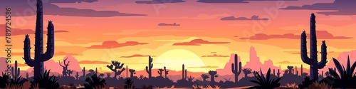 Desert Sunset Panorama with Saguaro Cacti Silhouettes and Warm Gradient Sky