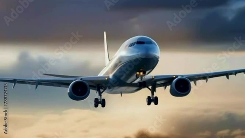 A breathtaking and realistic depiction of an airplane ascending into the sky during takeoff, capturing the dynamic motion, powerful engines, and dramatic cloud background, Realistic Photography, Aviat photo