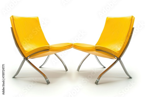Two Yellow Modern Wooden Chair Face To Face With Outer Silver Steel Legs Isolated On White Background 