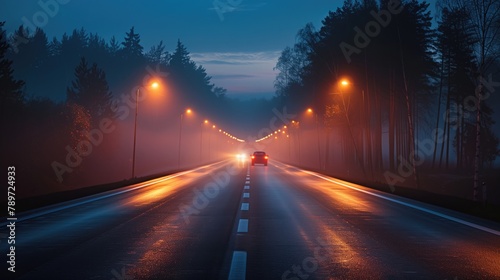 Car driving on a country road at night