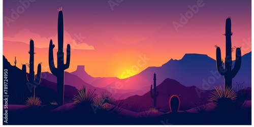 Stylized Sunset in the Desert with Vibrant Purple Hues and Cactus Silhouettes