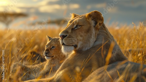 Lioness and lion cub in the savannah at sunset.