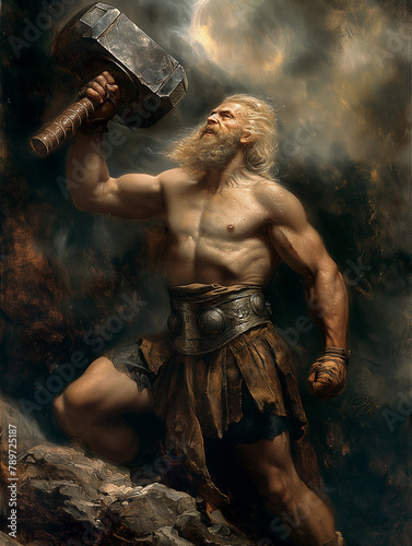 Thor The mighty god of thunder wielding the hammer photo