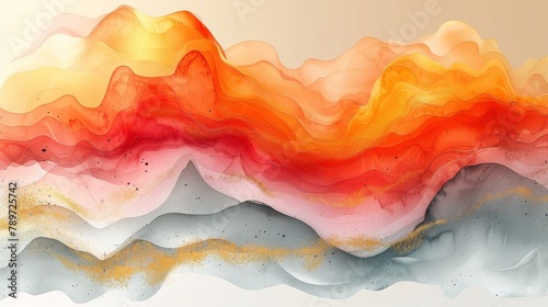 This abstract organic art background modern features, fluid, curved forms and muted mid-century colors, with watercolor stain texture and golden line art. Good for invitations, posters, prints, and