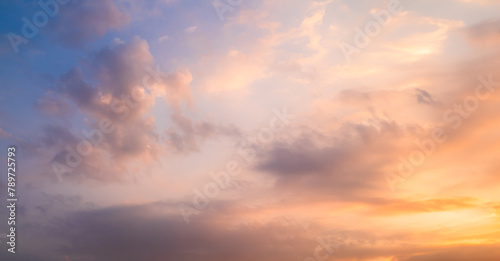 Sky Sunset Cloud Sunrise background Blue Gold Sun Clear Horizon Beauty Sunny Day Light View Clean Bright Cloudy Nature Summer Heaven Wallpaper Cloudscape Outdoor High Sunlight Fluffy Landscape. © wing-wing