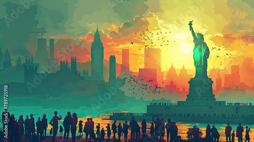 Illustration of people traveling and having fun in statue of Liberty, Generative AI